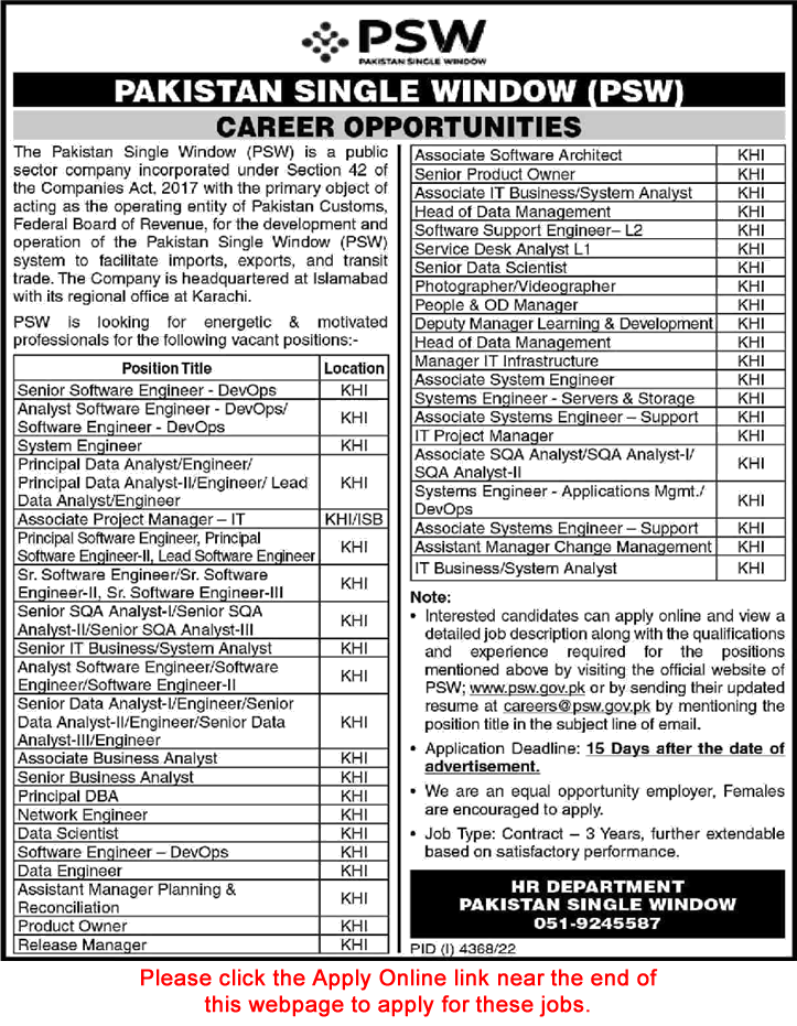 Pakistan Single Window Jobs 2023 PSW Online Apply Analysts, Software Engineers & Others Latest