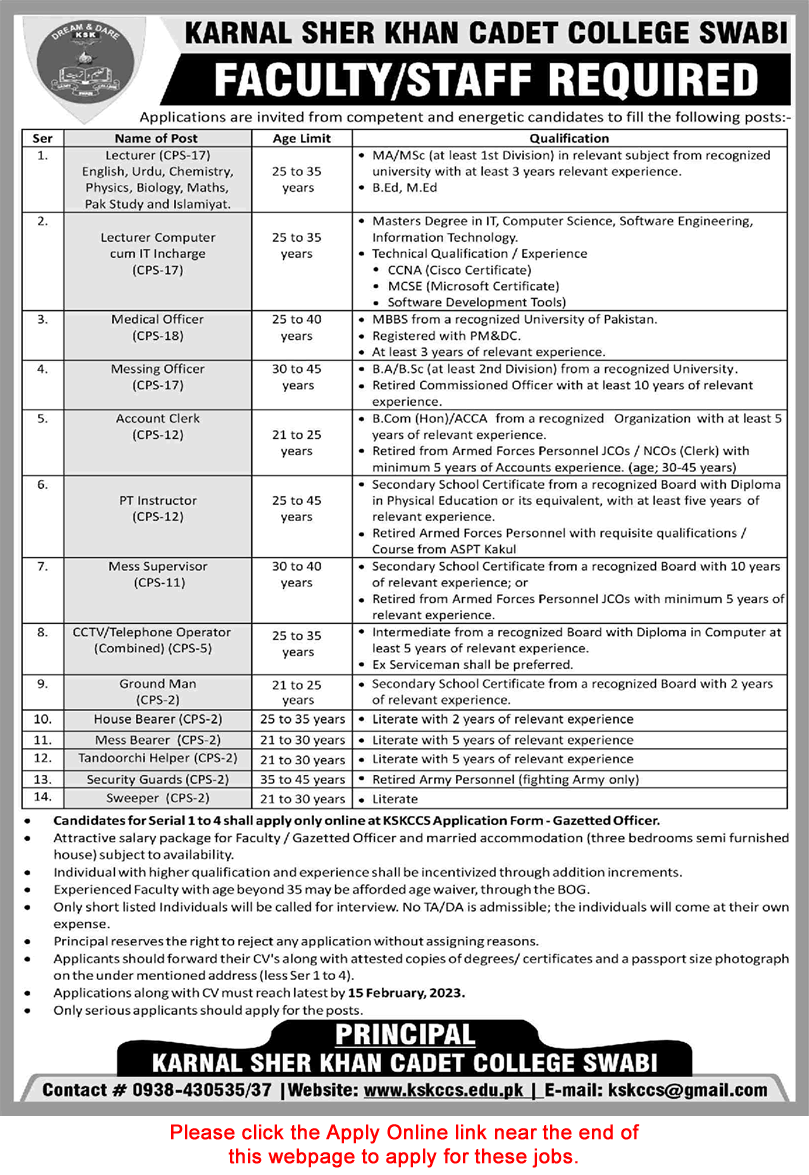 Karnal Sher Khan Cadet College Swabi Jobs 2023 January / February  Apply Online KSKCCS Latest