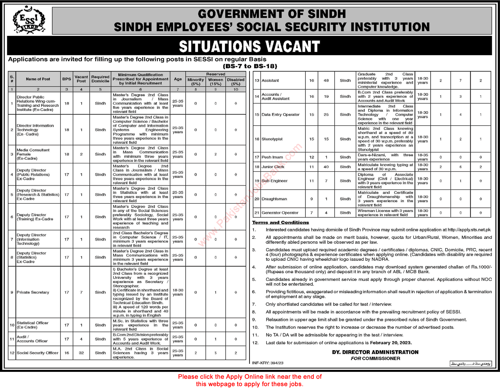 SESSI Jobs February 2023 Apply Online Assistants, Clerks & Others Sindh Employees Social Security Institution Latest