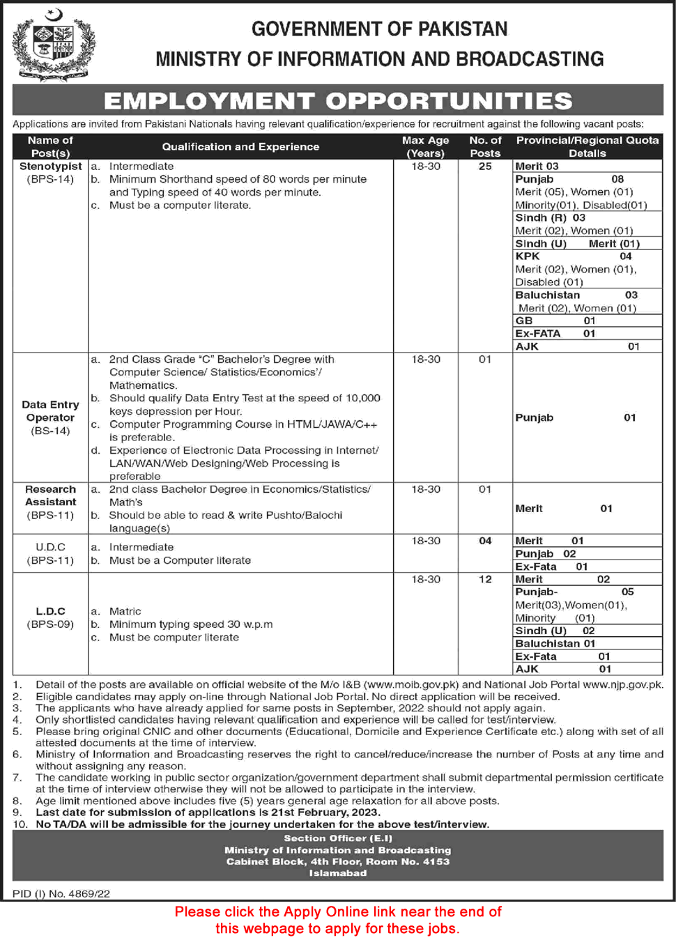 Ministry of Information and Broadcasting Islamabad Jobs 2023 February Apply Online Stenotypists, Clerks & Others Latest
