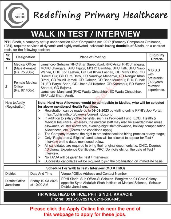 Medical Officer Jobs in PPHI Sindh March 2023 Apply Online Walk in Test Interview Latest