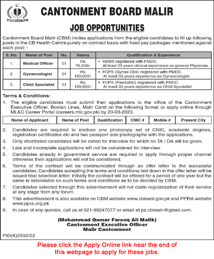 Cantonment Board Malir Karachi Jobs 2023 March Apply Online Medical Officer & Specialist Doctors Latest
