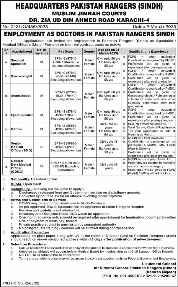 Pakistan Rangers Sindh Jobs March 2023 Medical Officers & Specialist Doctors Latest
