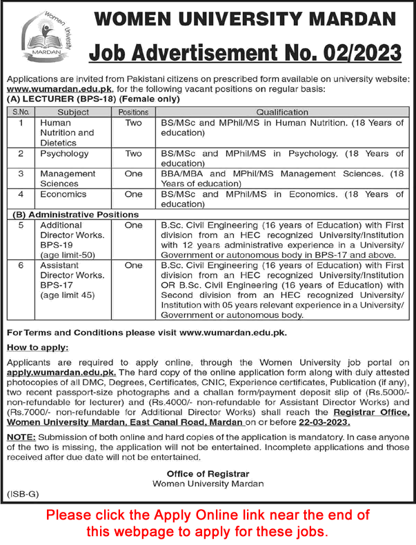Women University Mardan Jobs 2023 March Apply Online Lecturers & Others Latest