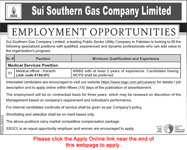 Medical Officer Jobs in SSGC 2023 March Apply Online Sui Southern Gas Company Limited Latest