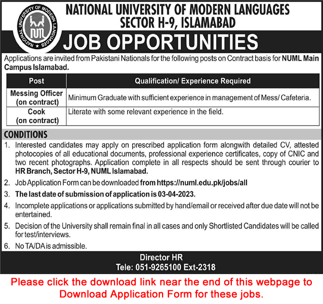 NUML University Islamabad Jobs March 2023 Application Form Messing Officer & Cook Latest