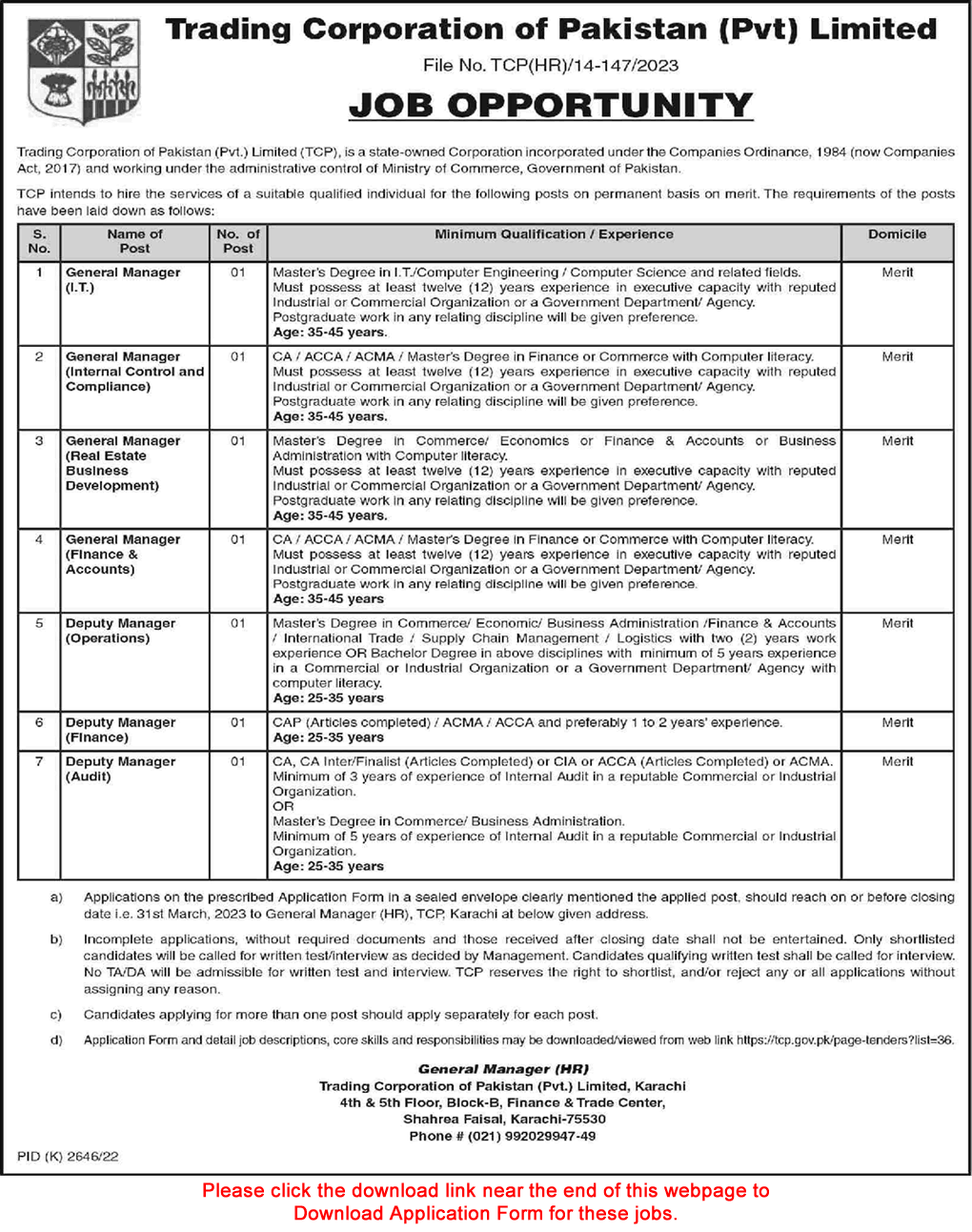 Trading Corporation of Pakistan Karachi Jobs 2023 March Application Form General / Deputy Managers Latest