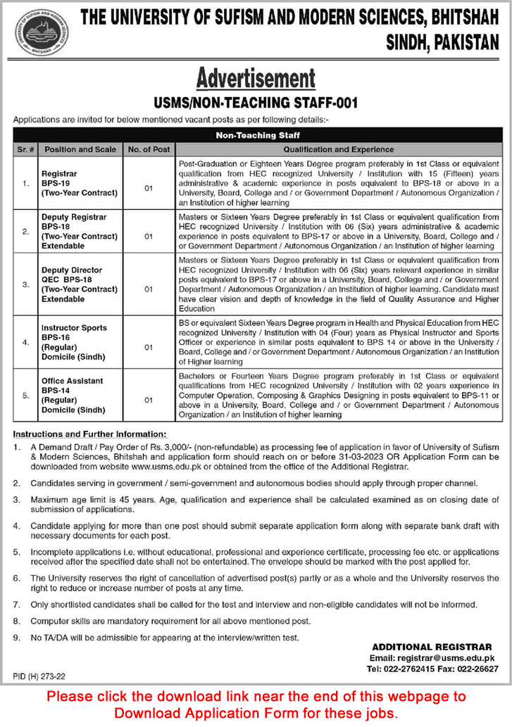 University of Sufism and Modern Sciences Bhitshah Matiari Jobs 2023 March Application Form USMS Latest