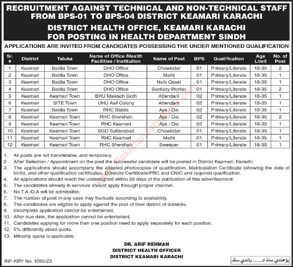 Health Department Keamari Karachi Jobs 2023 March Chowkidar, Aya & Others Latest
