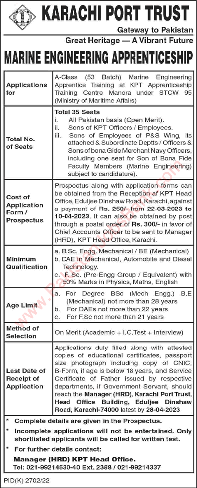Karachi Port Trust Apprenticeship 2023 March KPT Jobs for A-Class Trade Apprentices Marine Engineering Latest