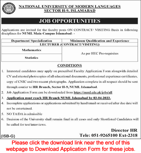 Lecturer Jobs in NUML University Islamabad March 2023 Application Form Download Latest