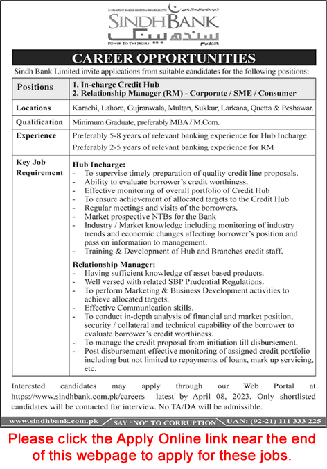 Sindh Bank Jobs March 2023 Apply Online Relationship Manager & Credit Hub Incharge Latest