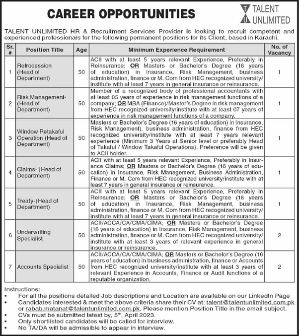 Talent Unlimited Karachi Jobs 2023 March Accounts / Underwriting Specialists & Others Latest