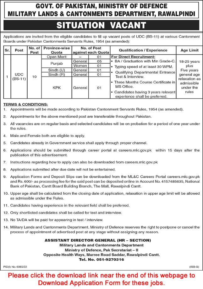 Clerk Jobs in Military Lands and Cantonment Department 2023 April Application Form Latest