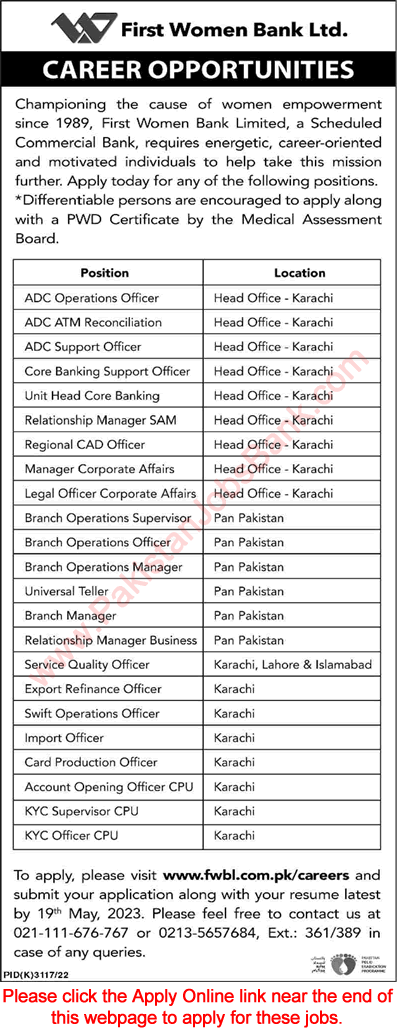 FWBL Jobs May 2023 Apply Online First Women Bank Limited Latest