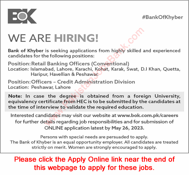 Bank of Khyber Jobs May 2023 Apply Online Retail Banking Officers & Others BOK Latest