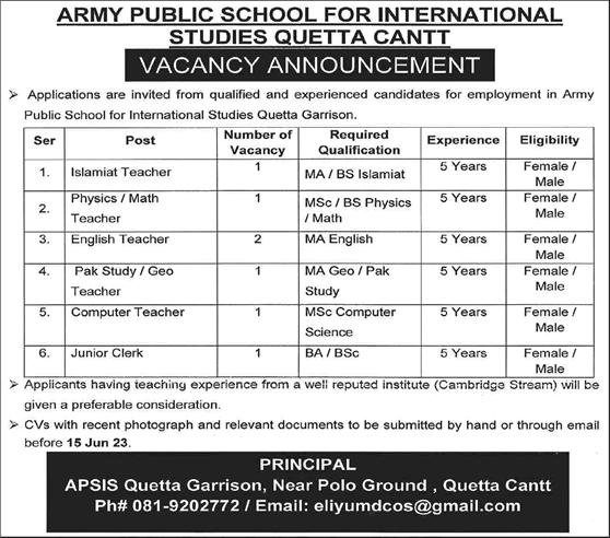 Army Public School for International Studies Quetta Cantt Jobs 2023 June Teachers & Clerk Latest