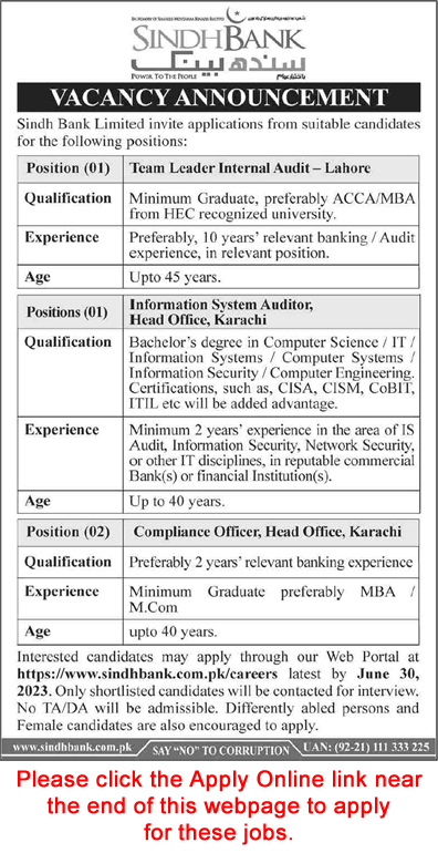 Sindh Bank Jobs June 2023 Apply Online Compliance Officers & Others Latest