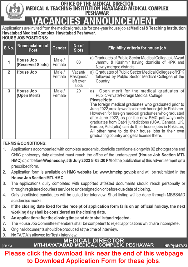 Hayatabad Medical Complex Peshawar House Job Training 2023 June / July Application Form MTI Latest
