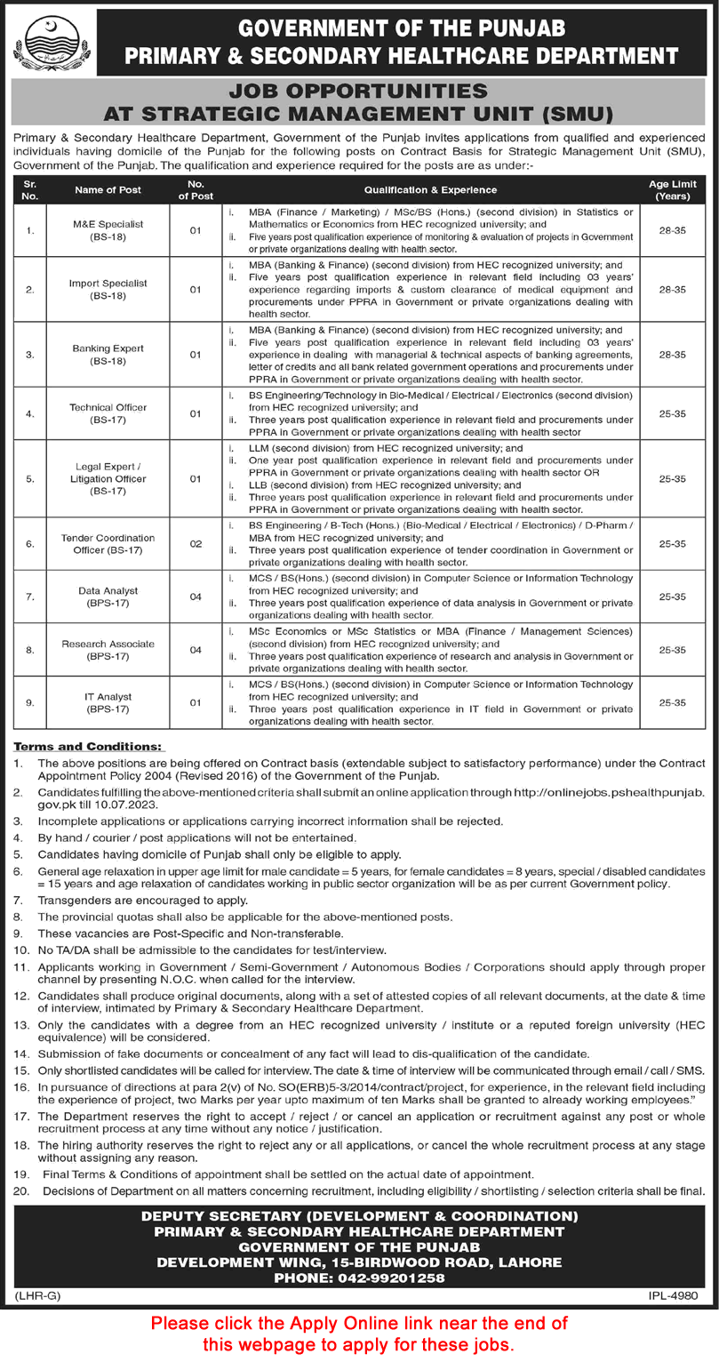 Primary and Secondary Healthcare Department Punjab Jobs June 2023 July Apply Online Research Associates & Others Latest