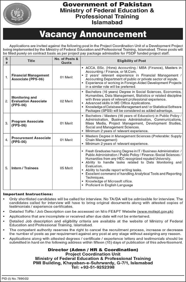 Ministry of Federal Education and Professional Training Islamabad Jobs 2023 June / July Trainees & Others Latest