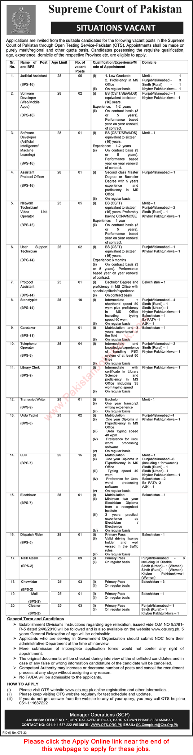 Supreme Court of Pakistan Jobs 2023 July OTS Apply Online Clerks, Stenotypists & Others Latest