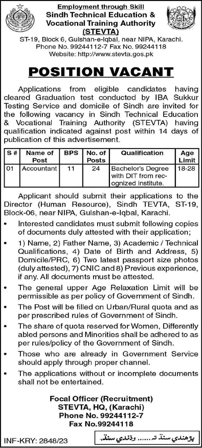 Accountant Jobs in Sindh Technical Education and Vocational Training Authority 2023 July STEVTA Latest