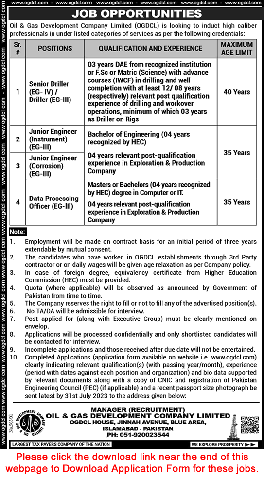 OGDCL Jobs July 2023 Application Form Junior Engineers, Data Processing Officer & Others Latest