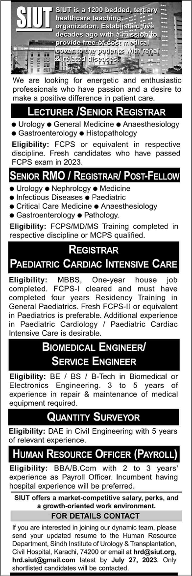 SIUT Hospital Karachi Jobs July 2023 Lecturers, Medical Officers & Others Latest