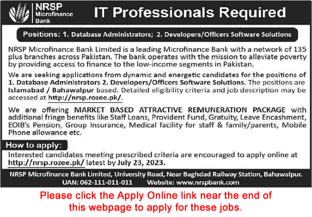 NRSP Microfinance Bank Jobs July 2023 Apply Online Software Developers & Database Administrator Latest