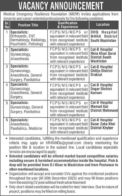 Medical Specialist Jobs in MERF Pakistan 2023 July Medical Emergency Resilience Foundation Latest