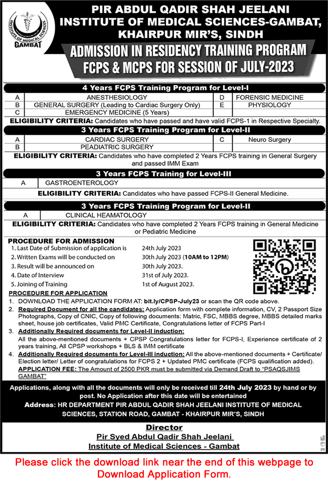 Pir Abdul Qadir Shah Jilani Institute of Medical Sciences Gambat FCPS Postgraduate Training 2023 July Application Form Latest