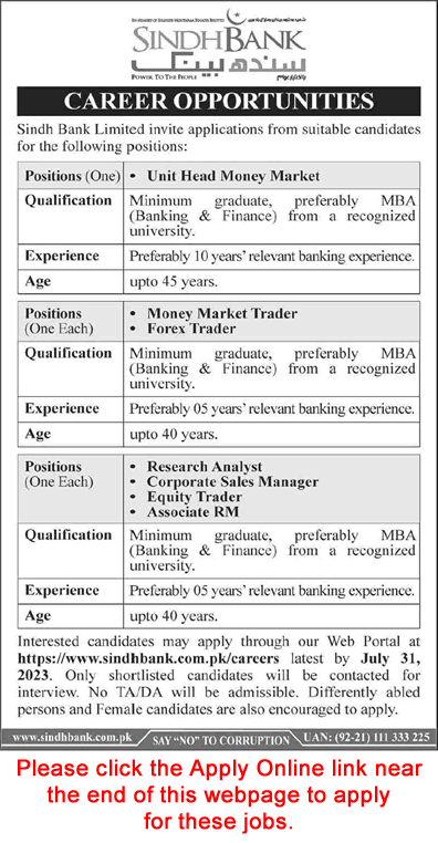 Sindh Bank Jobs July 2023 Apply Online Research Analyst, Sales Manager & Others Latest