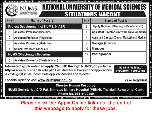 NUMS University Rawalpindi Jobs July 2023 Apply Online Teaching Faculty & Others Latest