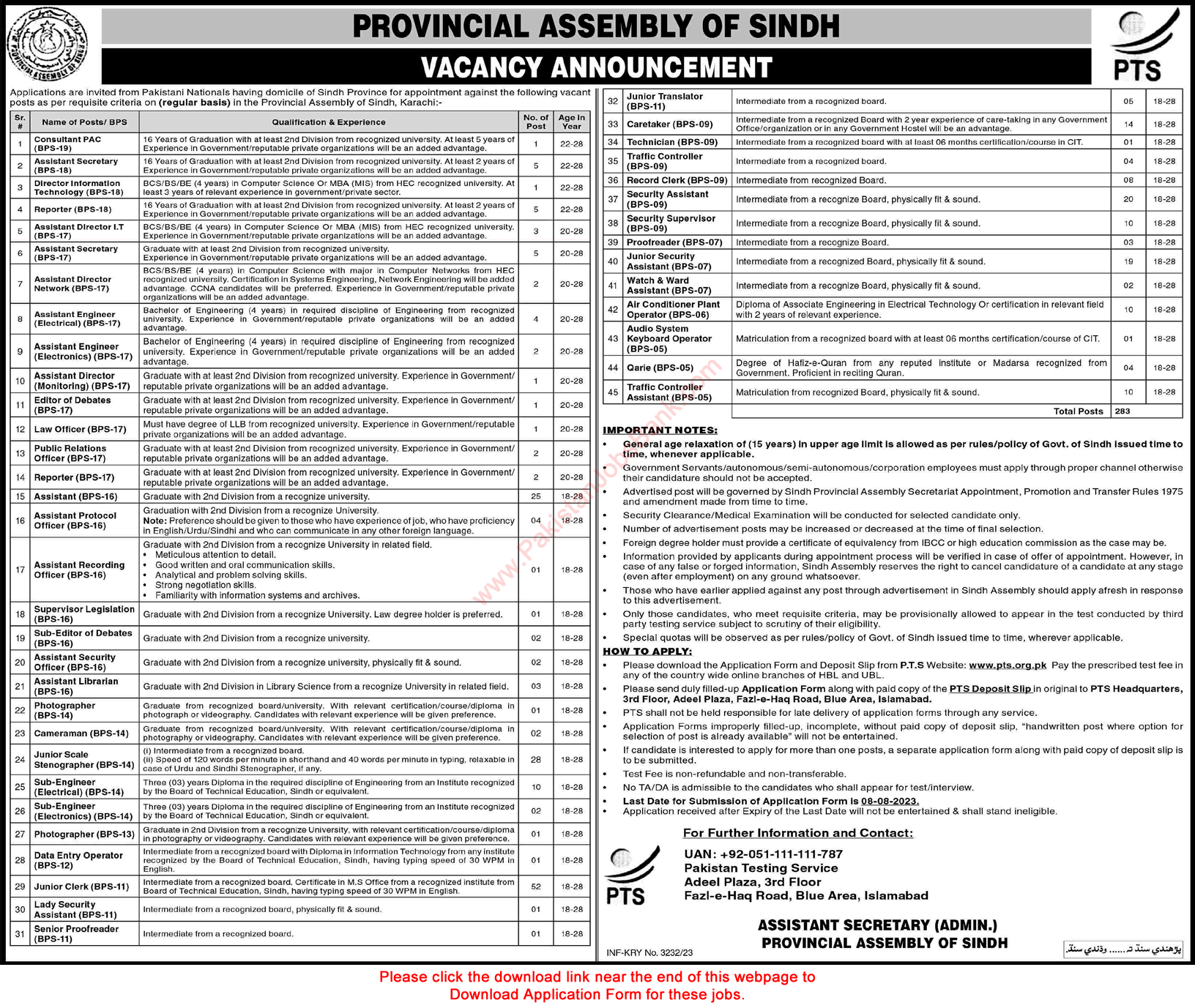 Provincial Assembly of Sindh Jobs 2023 July PTS Application Form Assistants, Engineers, Clerks & Others Latest