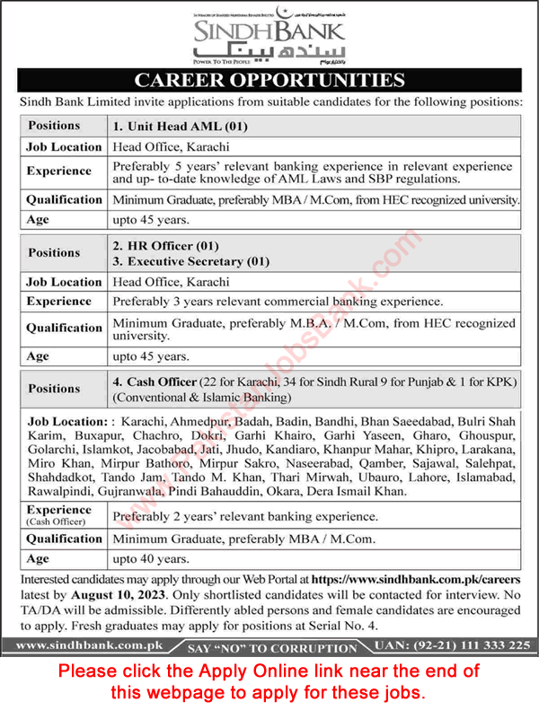Sindh Bank Jobs July 2023 August Apply Online Cash Officers & Others Latest