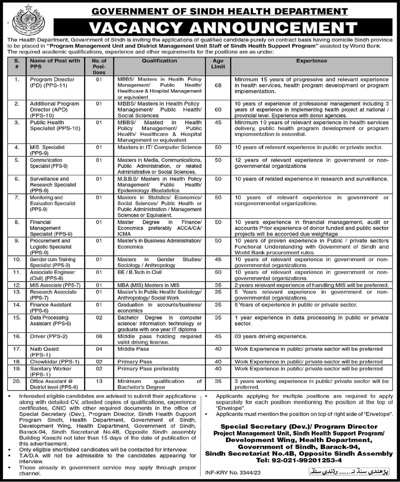 Health Department Sindh Jobs August 2023 Office Assistants, Drivers & Others Latest