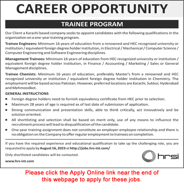 HRSI Pakistan Jobs August 2023 Apply Online Trainee Engineers / Chemists & Management Trainees Latest