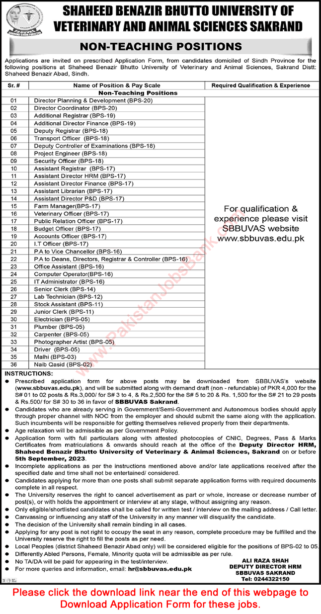Shaheed Benazir Bhutto University of Veterinary and Animal Sciences Sakrand Jobs 2023 August Application Form Latest