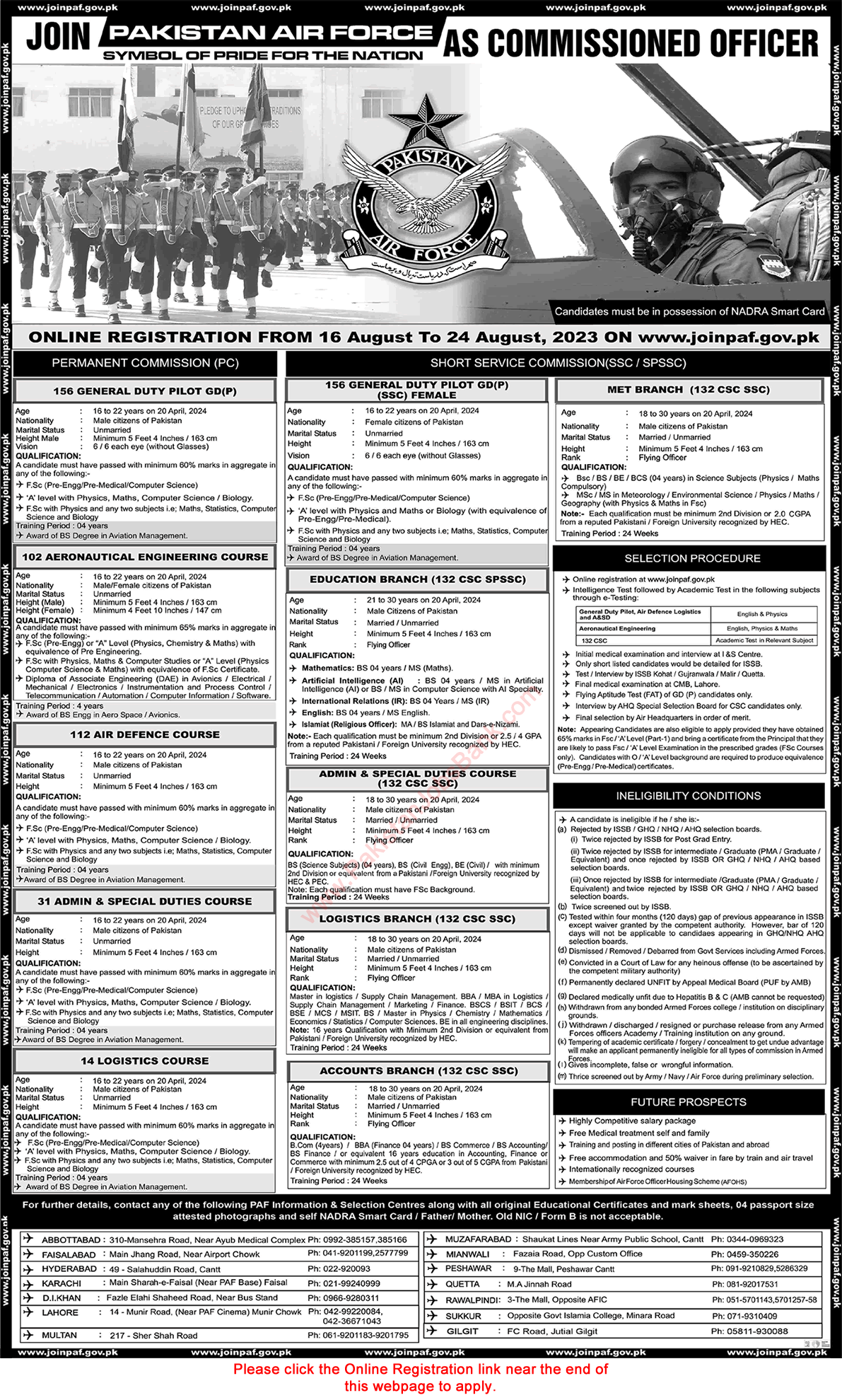 Join Pakistan Air Force as Commissioned Officer August 2023 Online Registration SSC, SPSSC & Permanent Commission Latest