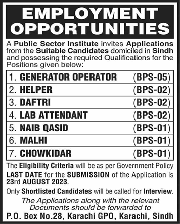 PO Box 28 GPO Karachi Jobs 2023 August Public Sector Institute Latest