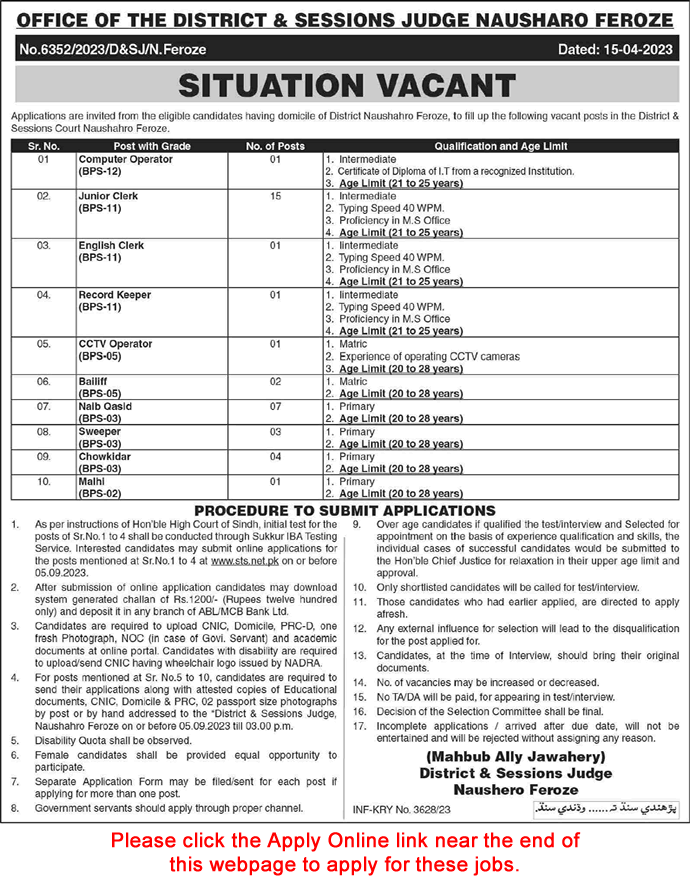 District and Session Court Naushahro Feroze Jobs 2023 August STS Apply Online Clerks & Others Latest