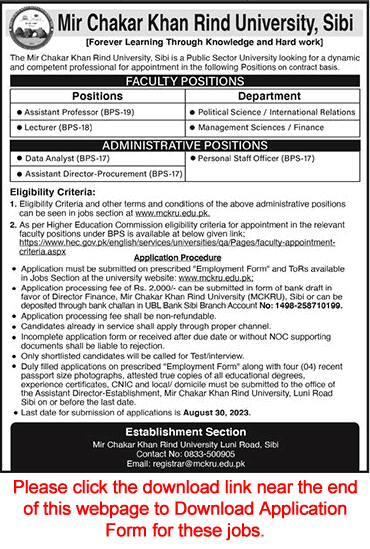 Mir Chakar Khan Rind University Sibi Jobs 2023 August Application Form Teaching Faculty & Others Latest