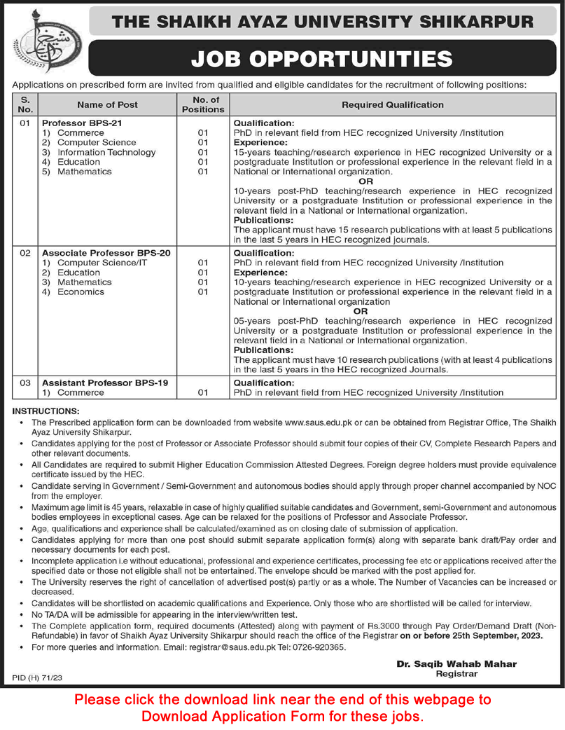Shaikh Ayaz University Shikarpur Jobs 2023 August Application Form Teaching Faculty Latest