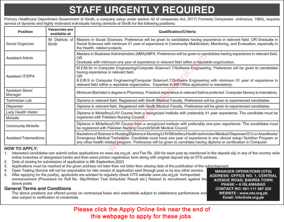 Health Department Sindh Jobs August 2023 OTS Apply Online Primary Healthcare Department Latest