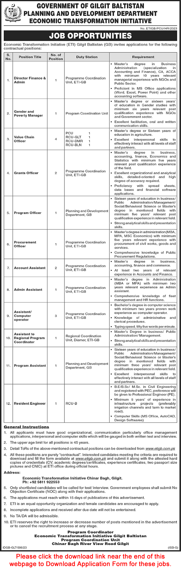 Planning and Development Department Gilgit Baltistan Jobs 2023 August Application Form Value Chain Officers & Others Latest