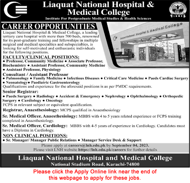 Liaquat National Hospital Karachi Jobs August 2023 Apply Online Teaching Faculty & Others Latest