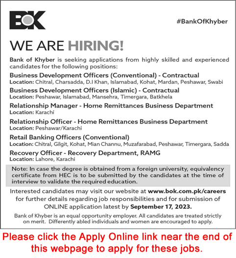 Bank of Khyber Jobs September 2023 Apply Online Business Development Officers & Others BOK Latest