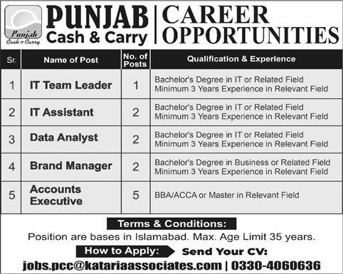 Punjab Cash and Carry Jobs 2023 September Accounts Executives, IT Assistant & Others Latest