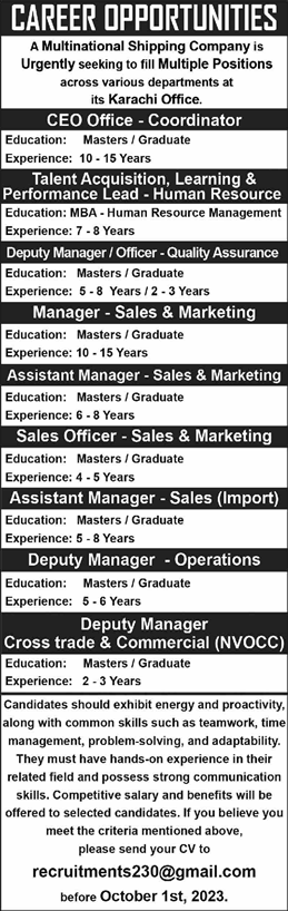 Shipping Company Jobs in Karachi 2023 September Sales Officers, Assistant Managers & Others Latest